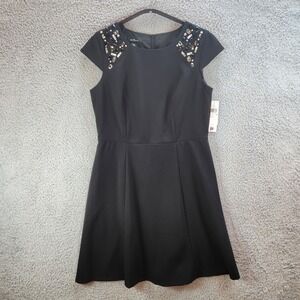 Alyx Fit & Flare Dress 10 Petite Black Rayon Stretch Cap Sleeve Classic Back Zip